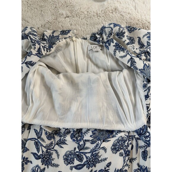 Loft Trellis Ruffle Jumpsuit Sz 8 Pockets Floral Blue White Crop Wide Leg EUC - Picture 7 of 10
